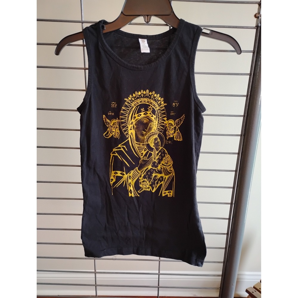 Laviva Sports Womens Black Gold Virgin Mary Icon Graphic Tank Top Small
